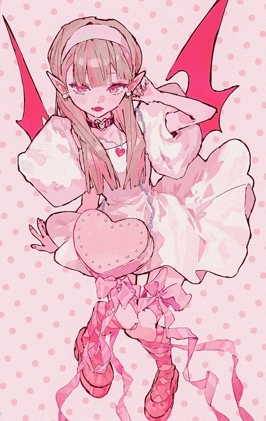 1girl, ame5972, bag, brown_hair, choker, colored_inner_hair, demon_wings, dress