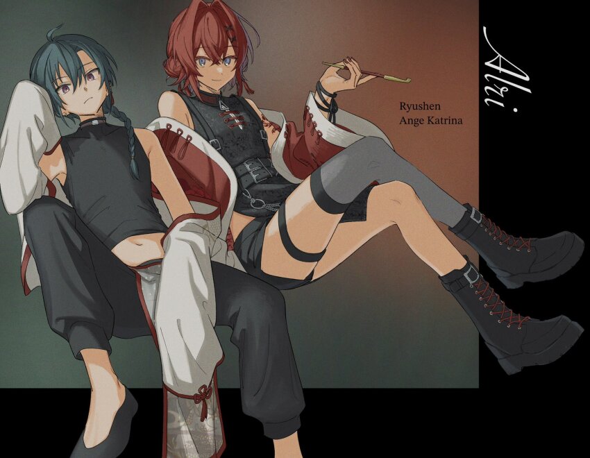 1girl, 1other, agemono_ume, ahoge, ange_katrina, ange_katrina_(china_dress), ankle_boots, arm_tattoo