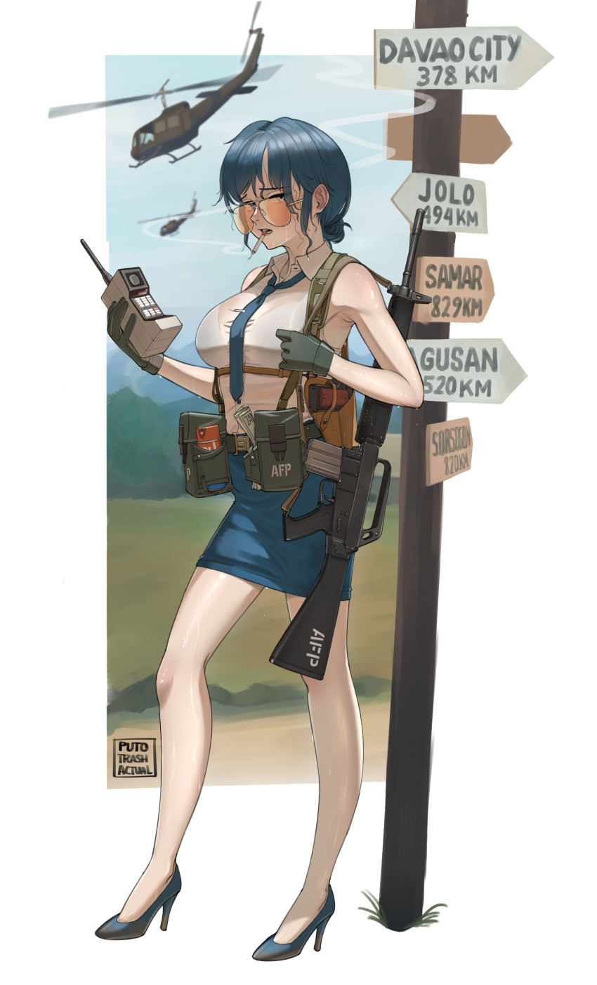 1girl, absurdres, aircraft, alice_gear, ar-18, artist_name, assault_rifle, aviator_sunglasses, black_gloves, blue_eyes, blue_hair, blue_necktie, blue_skirt, breasts, collared_shirt, commentary, earrings, full_body, gloves, gun, gun_sling, handgun, helicopter, high_heels, highres, holding, holding_phone, holstered, inset_border, jewelry, long_hair, looking_at_viewer, m1911, medium_hair, naomi_kennedy, necktie, open_mouth, pencil_skirt, phone, pouch, puto_trash, rifle, road_sign, satellite_phone, shirt, sign, skirt, sleeveless, sleeveless_shirt, smoke, standing, sunglasses, sweat, teeth, uh-1_iroquois, unlit_cigarette_in_mouth, we_love_cold_war, weapon, wet, wet_clothes, wet_shirt, white_shirt