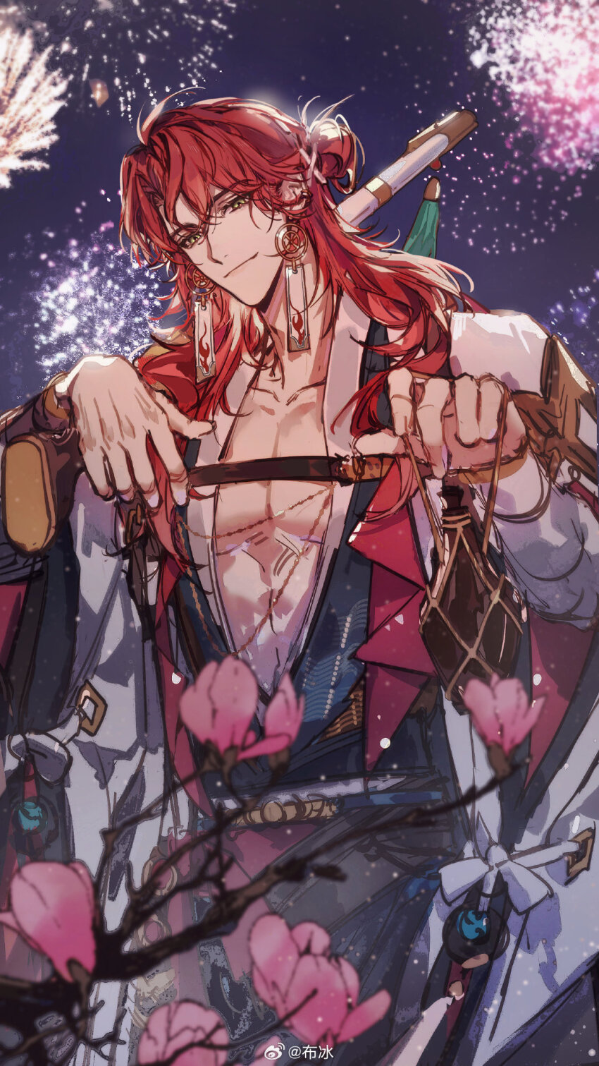 1boy, aerial_fireworks, blue_robe, blurry, branch, bubing, chest_harness, chinese_clothes