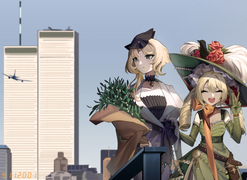 2girls, 9/11, ^_^, absurdres, acorn_pendant, afu_(amzs8345), aircraft, airplane, belt, belt_pouch, black_hat, blonde_hair, blue_sky, bouquet, bow, brown_belt, chinstrap, city, closed_eyes, day, dress, drill_hair, druvis_iii, elbow_gloves, fascinator, flower, gloves, green_dress, green_eyes, green_gloves, green_hat, hands_up, hat, hat_feather, highres, holding, holding_another's_arm, holding_bouquet, juliet_sleeves, long_sleeves, low_twintails, medium_hair, mistletoe, multiple_girls, new_york_city, open_mouth, orange_bow, outdoors, photo_date_watermark, picture_hat, pouch, puffy_sleeves, red_flower, reverse:1999, sky, sleeveless, sleeveless_dress, smile, sotheby, turning_head, twin_drills, twintails, upper_body, v, watch, white_dress, world_trade_center