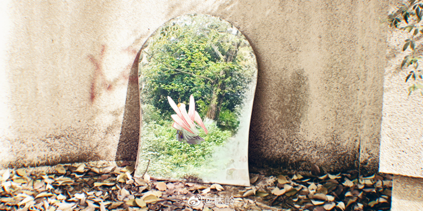 1boy, chinese_commentary, day, facing_away, feathered_wings, feet_out_of_frame, from_behind, hair_ornament