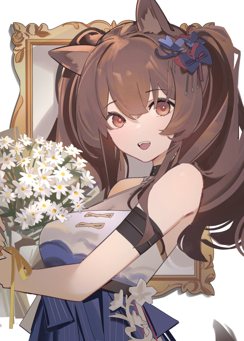 1girl, absurdres, ambience_synesthesia, angelina_(ambience_synesthesia_2025)_(arknights), angelina_(arknights), animal_ears, arknights, blue_dress, blush, brown_eyes, brown_hair, brown_tail, chichi_guai, commentary_request, dress, flower, fox_ears, fox_girl, fox_tail, hair_between_eyes, high-waist_dress, highres, holding, holding_flower, long_hair, looking_at_viewer, open_mouth, simple_background, single_bare_shoulder, sleeveless, sleeveless_dress, smile, solo, tail, teeth, twintails, upper_body, upper_teeth_only, white_background, white_flower