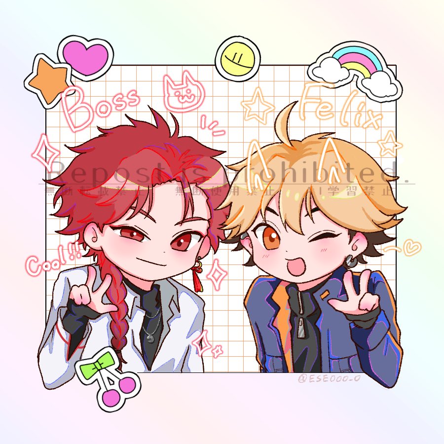 2boys, ;d, ahoge, black_hair, black_shirt, blonde_hair, blue_jacket, blush, braid, braided_ponytail, chibi, chibi_only, closed_mouth, collared_shirt, ear_piercing, earrings, english_text, ese000_0, hand_up, heart, jacket, jewelry, long_hair, long_sleeves, looking_at_viewer, male_focus, multicolored_hair, multiple_boys, necklace, one_eye_closed, open_clothes, open_jacket, open_mouth, orange_eyes, piercing, rainbow, red_eyes, red_hair, shiguang_dailiren, shirt, short_hair, single_braid, single_earring, sleeves_past_wrists, smile, star_(symbol), tassel, tassel_earrings, turtleneck, twitter_username, upper_body, v, w, watermark, white_shirt, xia_fei, xiao_weiying, yaoi, zipper, zipper_pull_tab