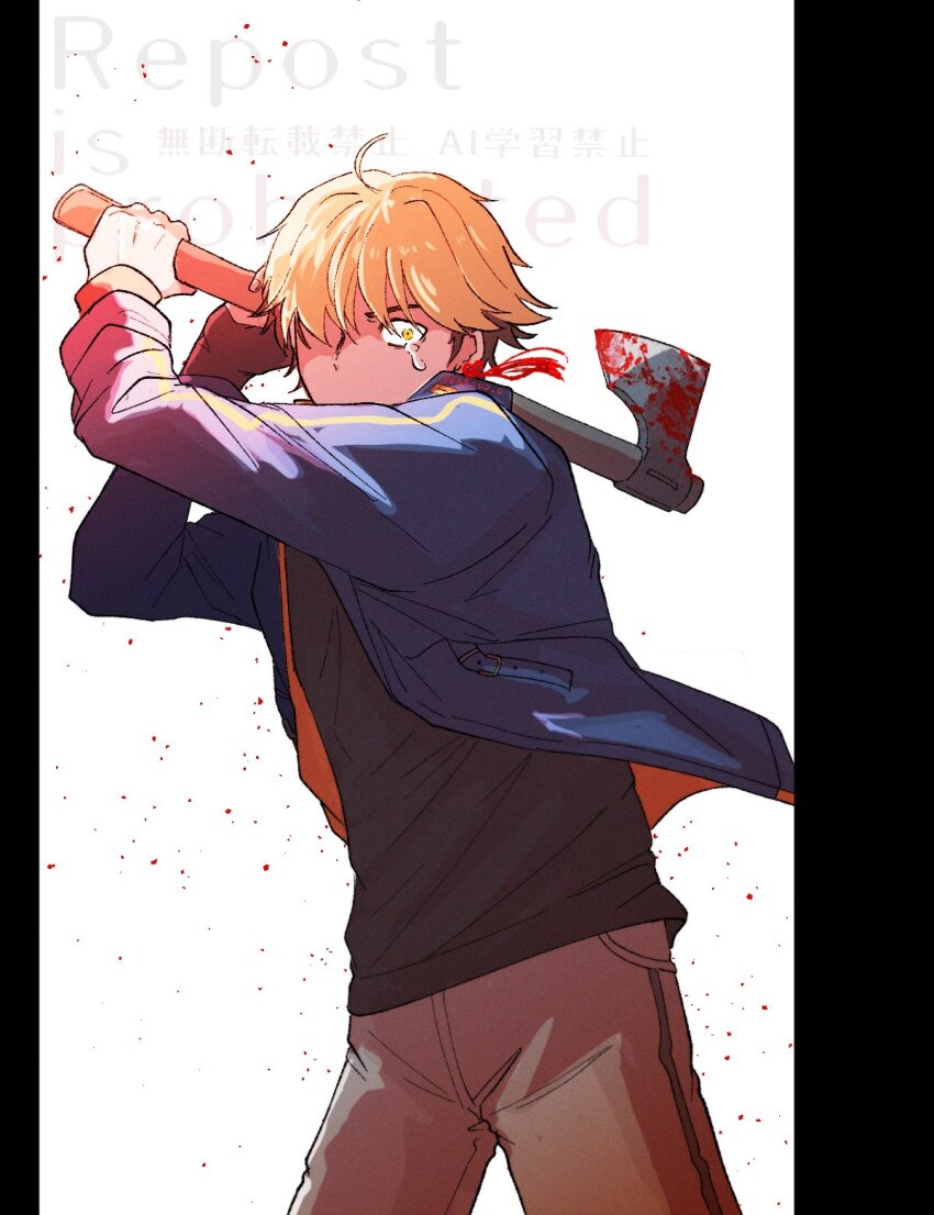 1boy, ahoge, axe, black_hair, black_shirt, blonde_hair, blood, blood_splatter