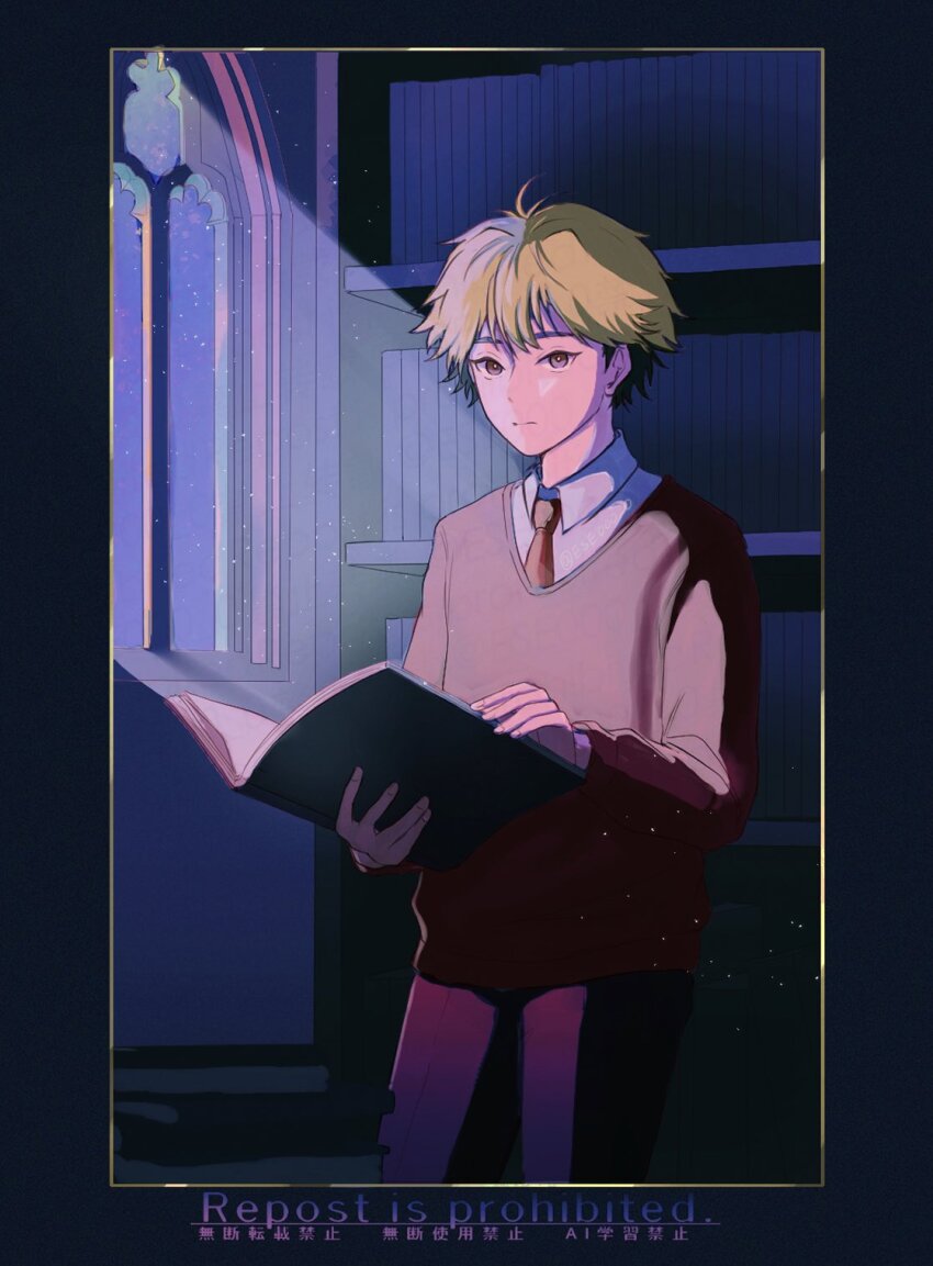 1boy, aged_down, black_hair, black_pants, blonde_hair, book, bookshelf, border