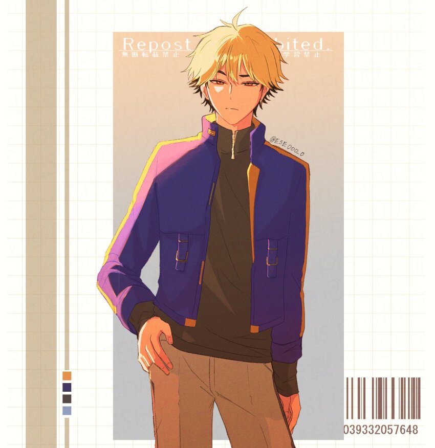 1boy, ahoge, barcode, black_hair, black_shirt, blonde_hair, blue_jacket, closed_mouth