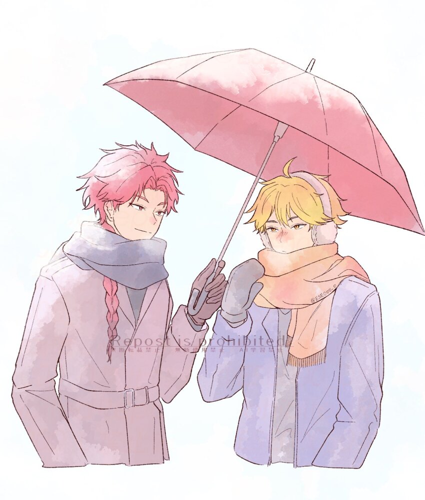 2boys, ahoge, alternate_costume, black_gloves, black_scarf, black_shirt, blonde_hair, blue_jacket