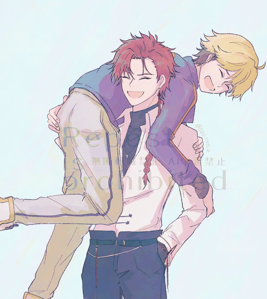 2boys, ^_^, ahoge, belt, wallet_chain, black_belt, black_hair, black_pants