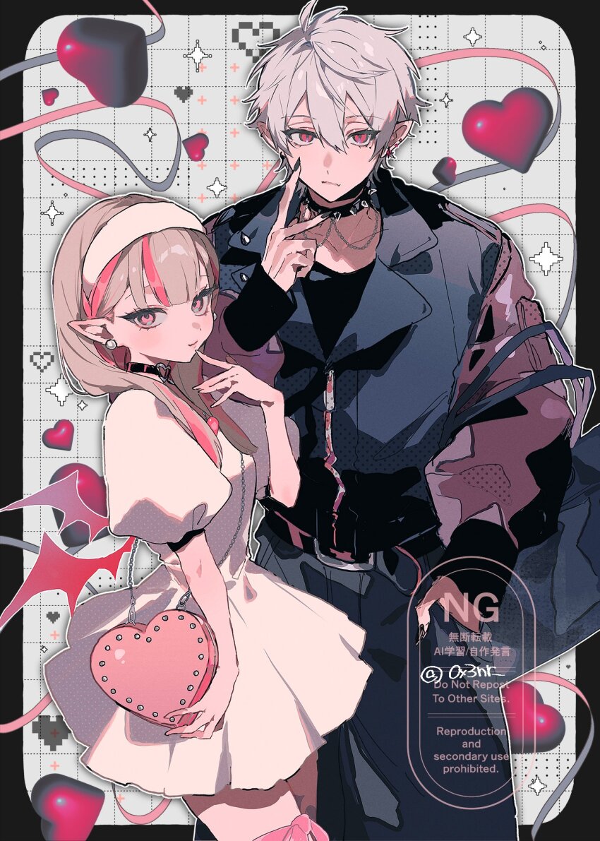 0x3nr, 1boy, 1girl, alternate_costume, bag, black_border, black_pants, border