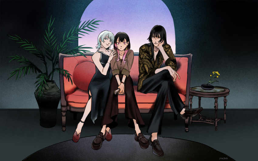 1boy, 2girls, akane-banashi, artist_name, black_dress, black_hair, black_pants, black_shoes