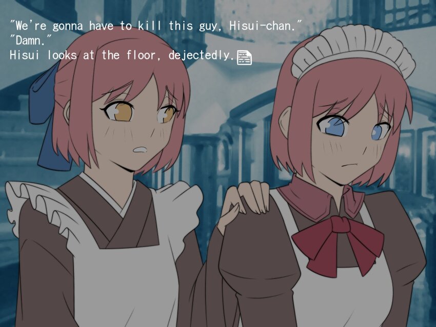 2girls, apron, blue_bow, blue_eyes, blush, bow, d0gduk, english_text, fake_screenshot, hair_bow, hand_on_another's_shoulder, highres, hisui_(tsukihime), house, i_think_we're_gonna_have_to_kill_this_guy_steven_(meme), japanese_clothes, kohaku_(tsukihime), kohaku_and_hisui_day, long_sleeves, maid, maid_apron, maid_headdress, meme, multiple_girls, photo_background, puffy_sleeves, red_hair, ribbon, sad, short_hair, siblings, sisters, smile, tohno_manor, tsukihime, twins, wa_maid, white_apron, yellow_eyes