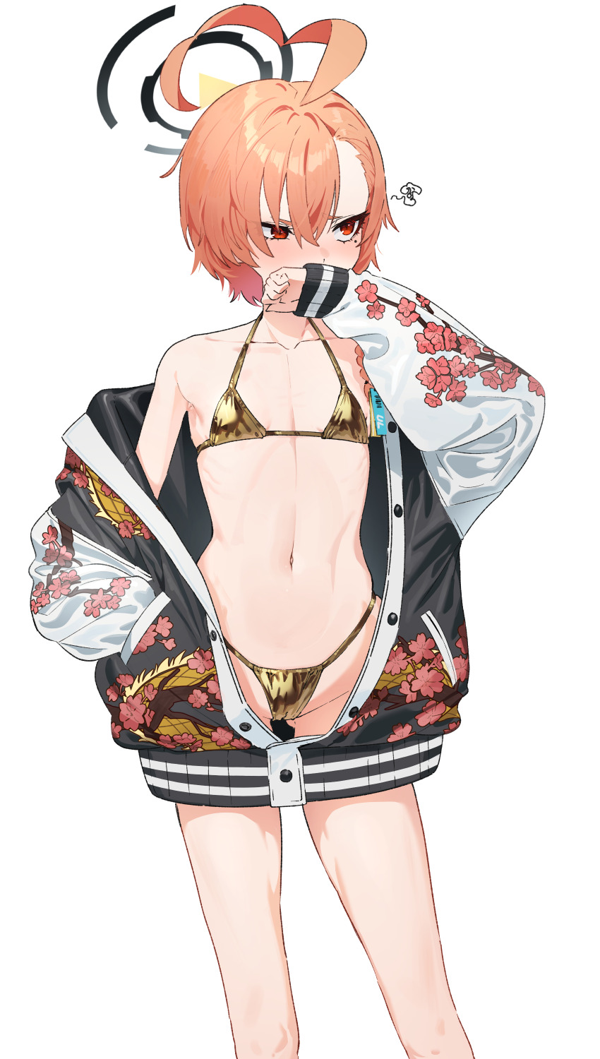 1girl, absurdres, ahoge, alternate_costume, averting_eyes, bare_legs, bikini, bikini_under_clothes, blue_archive, collarbone, commentary, feet_out_of_frame, flat_chest, gold_bikini, groin, halo, halterneck, hand_in_pocket, highleg, highleg_bikini, highres, huge_ahoge, jacket, jacket_over_swimsuit, linea_alba, micro_bikini, mole, mole_under_eye, navel, neru_(blue_archive), orange_hair, pyytato, red_eyes, ribs, short_hair, simple_background, solo, squiggle, stomach, string_bikini, sukajan, swimsuit, white_background