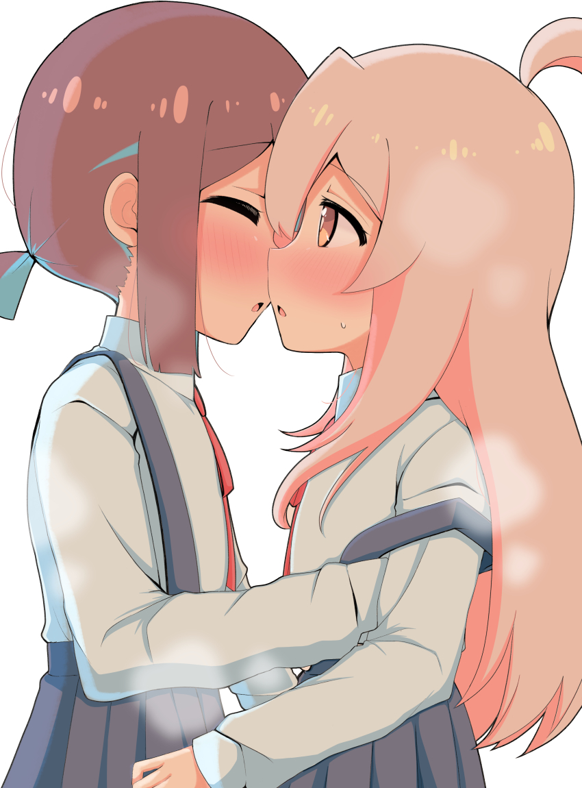 2girls, absurdres, ahoge, black_skirt, blue_hair, blush, brown_eyes, brown_hair