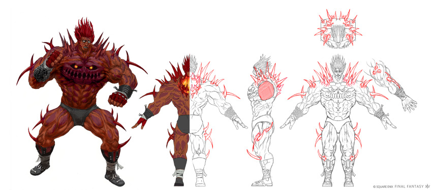 1boy, artist_request, black_boots, black_male_underwear, blank_eyes, boots, boxers, boxing_gloves, brute_bomber, chest_mouth, clenched_teeth, colored_skin, concept_art, copyright_name, final_fantasy, final_fantasy_xiv, hector_(ff14), highres, male_underwear, multiple_views, muscular, muscular_male, official_art, red_hair, red_skin, simple_background, spiked_skin, teeth, underwear, white_background, wrist_chain