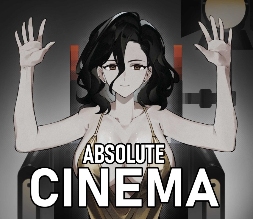 1girl, absolute_cinema_(meme), arms_up, bare_arms, bare_shoulders, black_hair, breasts, brown_eyes, cleavage, dress, earrings, floodlights, grey_background, hair_between_eyes, hands_up, highres, image_macro_(meme), jewelry, large_breasts, looking_at_viewer, meme, noire_(reverse:1999), plunging_neckline, quanx70909457, reverse:1999, short_hair, sideboob, solo, spaghetti_strap, stud_earrings, upper_body, wheelchair, yellow_dress