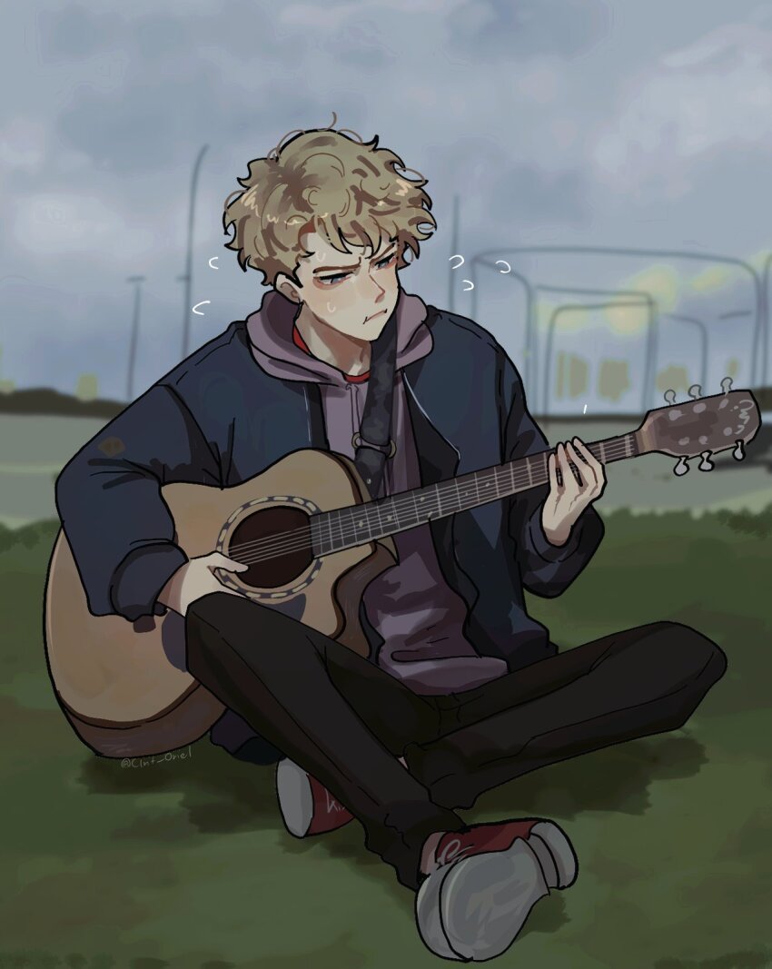 1boy, animification, black_pants, blonde_hair, blue_eyes, clint_oriel, commentary, english_commentary