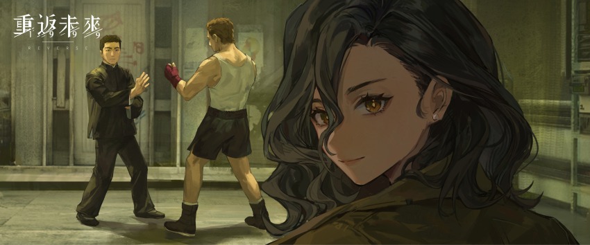 1girl, 2boys, black_boots, black_hair, black_pants, black_shoes, black_shorts, boots