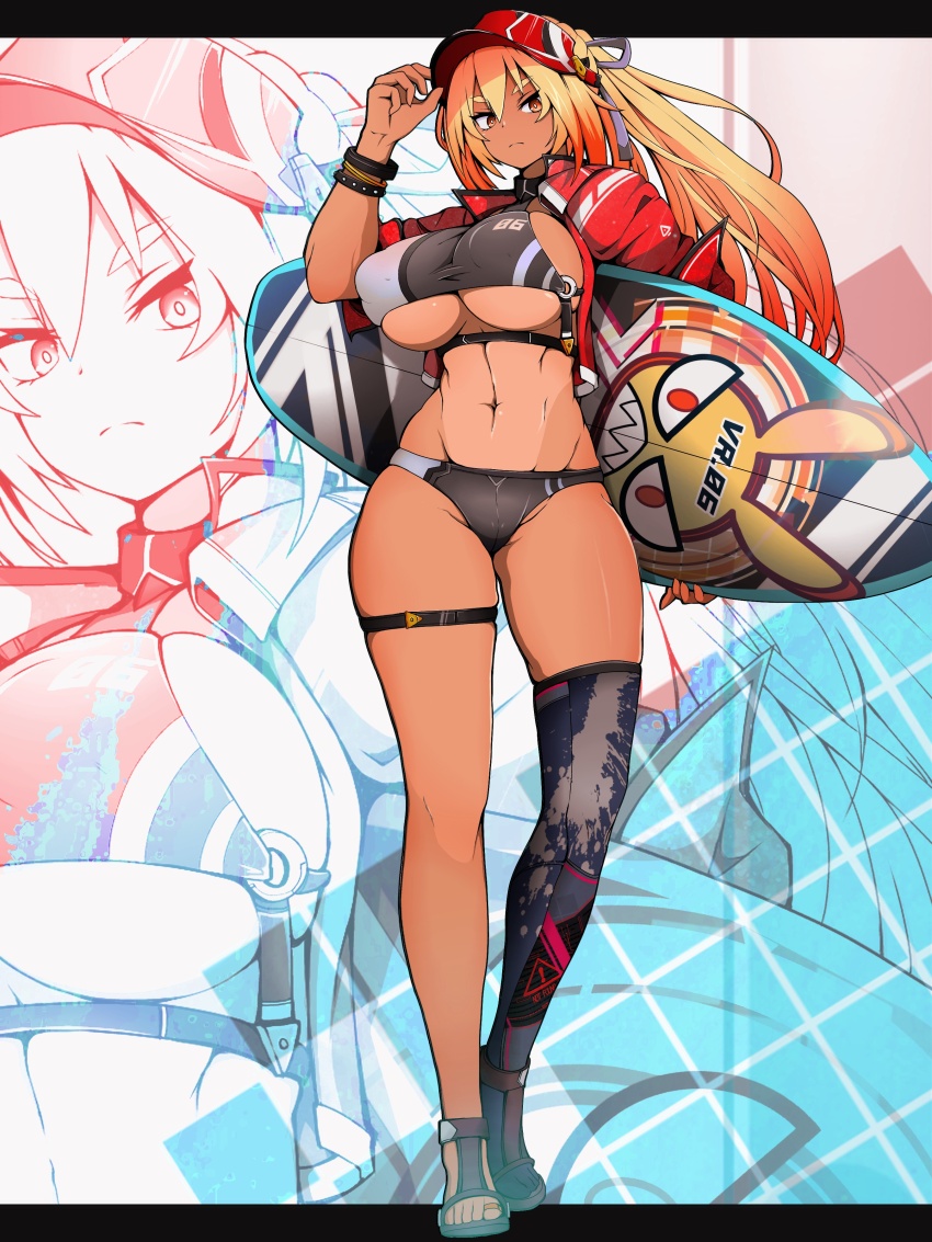 1girl, abs, absurdres, bikini, black_bikini, blonde_hair, breasts, cropped_jacket