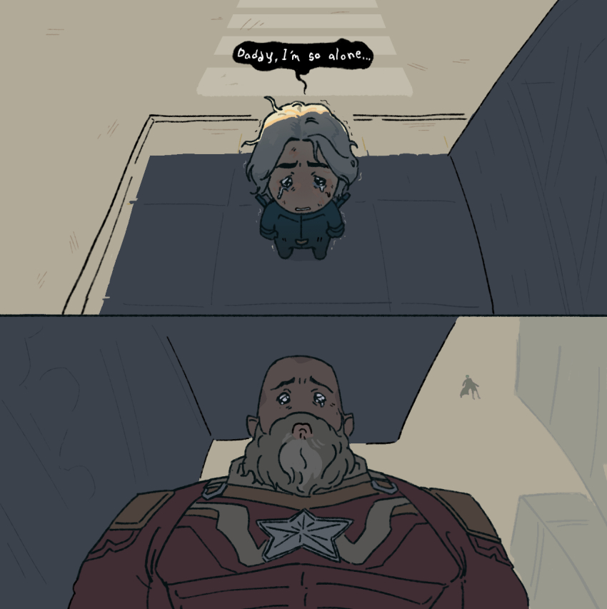 1girl, aura, bald, beard, blonde_hair, chibi, crying, dark_aura, facial_hair, father_and_child, father_and_daughter, flying, highres, jumpsuit, marvel, parent_and_child, phf_cowpoke, red_guardian_(marvel), road, sentry_(marvel), short_hair, silhouette, star_(symbol), street, thunderbolts_(movie), yelena_belova