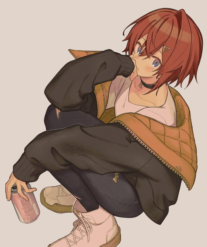 1girl, agemono_ume, ange_katrina, ange_katrina_(casual), ankle_boots, arm_rest, black_choker, black_jacket