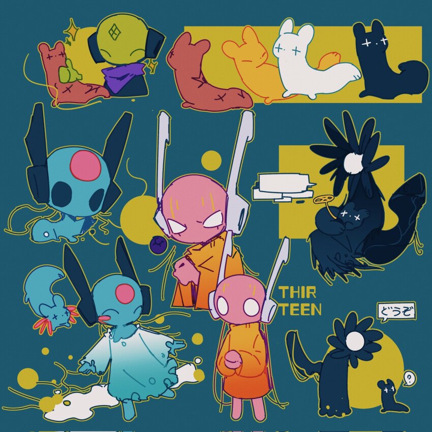 1girl, 1other, 2boys, ?, androgynous, angry, axolotl_ears, barefoot, black_cloak, black_fur, blue_background, blue_eyes, blue_fur, blue_skin, blush, cable, chinese_commentary, circle_facial_mark, cloak, closed_eyes, colored_skin, commentary_request, creature, creature_on_lap, english_text, facial_mark, five_pebbles, flower_head, forehead_mark, gradient_cloak, green_skin, happy, highres, hunter_(rain_world), iterator_(rain_world), karma_flower_(rain_world), kuame_03, looking_at_another, looking_at_viewer, looks_to_the_moon, monk_(rain_world), multiple_boys, no_mouth, no_significant_harassment, orange_cloak, pearl_(rain_world), pink_skin, purple_scarf, rain_world, red_fur, rivulet_(rain_world), robot, robot_ears, scar, scar_on_back, scarf, slugcat, sparkle, speech_bubble, survivor_(rain_world), talking, the_prince_(rain_world), thumbs_up, torn_cloak, torn_clothes, turtleneck, umbilical_cord, watcher_(rain_world), white_cloak, white_eyes, white_fur, x_(symbol), x_facial_mark, yellow_background, yellow_fur