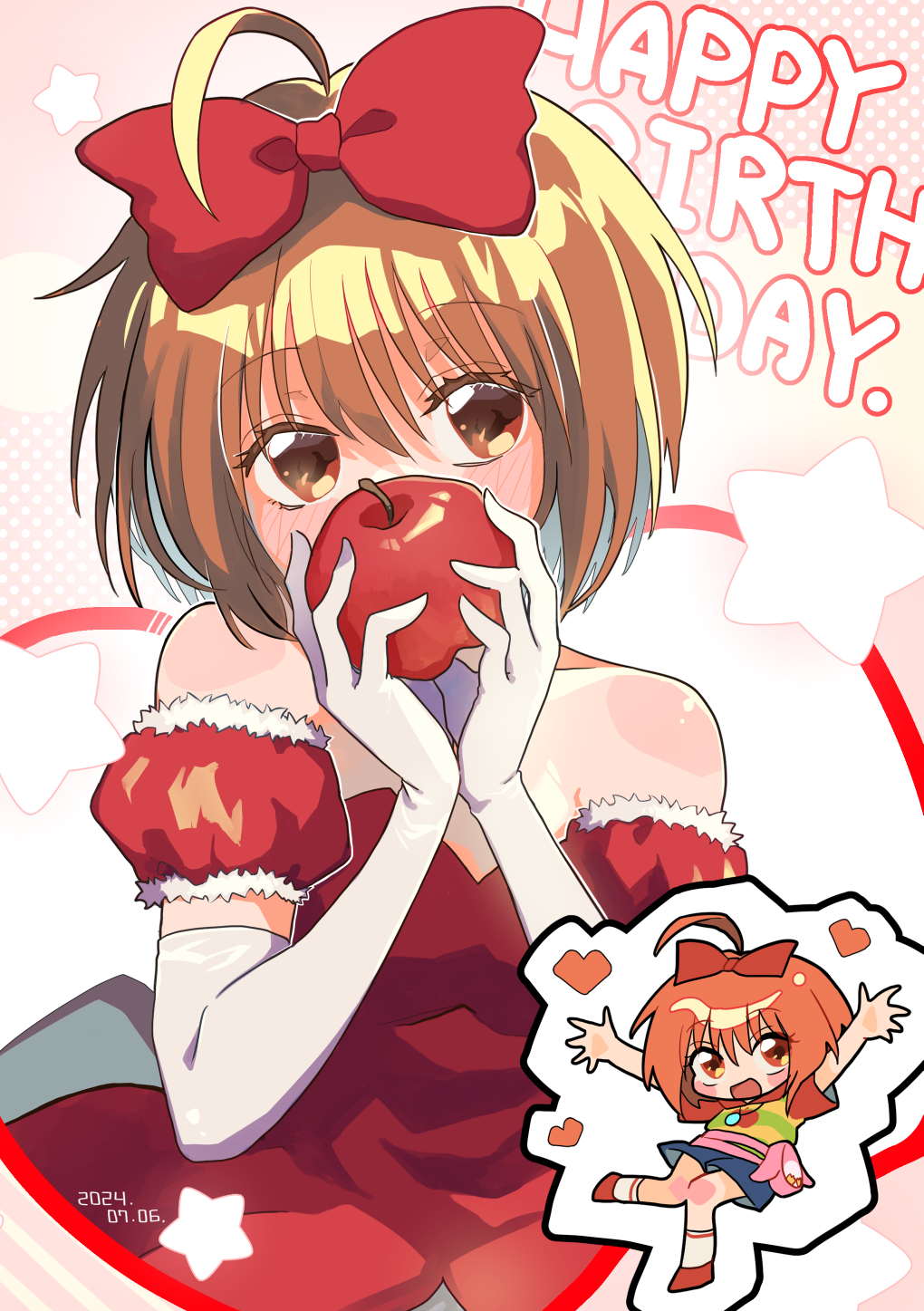 2girls, ahoge, akai_ringo_(tokyo_mew_mew), apple, bow, breasts, brown_eyes, brown_hair