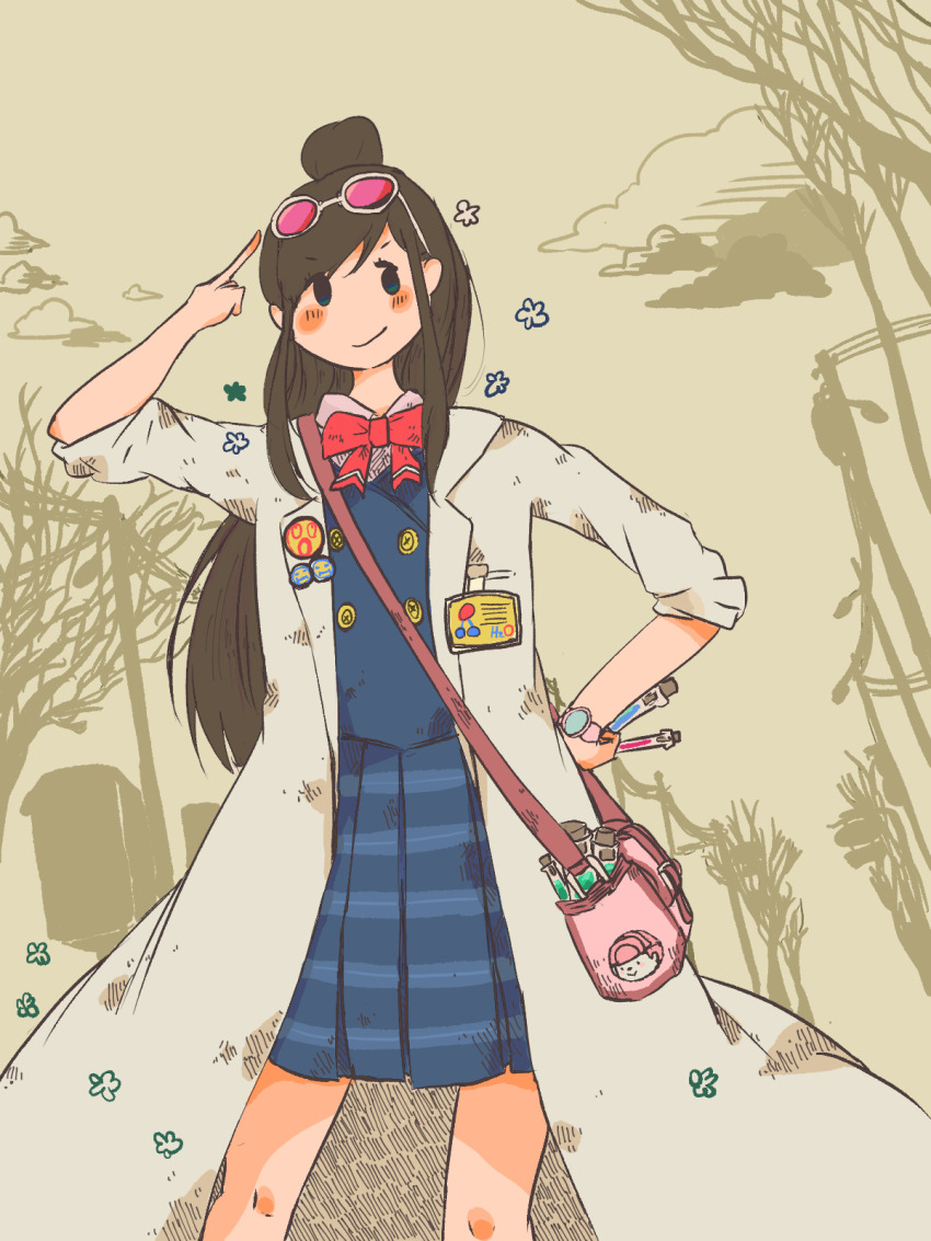 1girl, ace_attorney, bad_id, bad_pixiv_id, bag, blue_eyes, bow, brown_hair, ema_skye, highres, hosipoke, lab_coat, long_hair, pleated_skirt, red_bow, school_uniform, skirt, solo