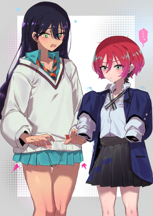 ..., 2girls, ^^^, amate_yuzuriha, amate_yuzuriha_(cosplay), black_hair, black_skirt, blue_jacket