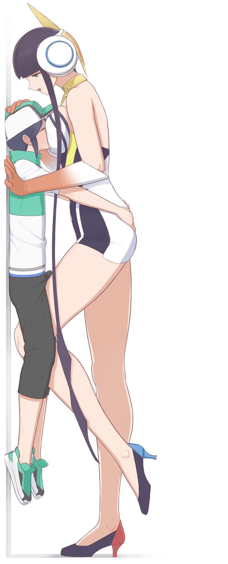 1boy, 1girl, age_difference, blush, elesa_(pokemon), elesa_(sygna_suit)_(pokemon), face_to_breasts, full_body, highres, mizuno_(pixiv31352320), nintendo, onee-shota, pokemon, pokemon_masters_ex, scottie_(pokemon), simple_background, size_difference, tall_female, white_background