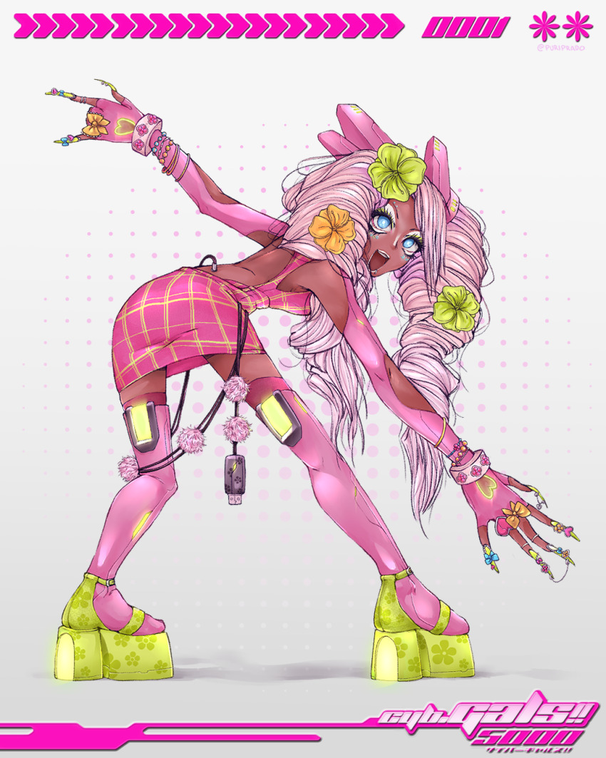 1girl, blue_eyes, bracelet, breasts, cable, commentary, cyber_fashion, dark-skinned_female