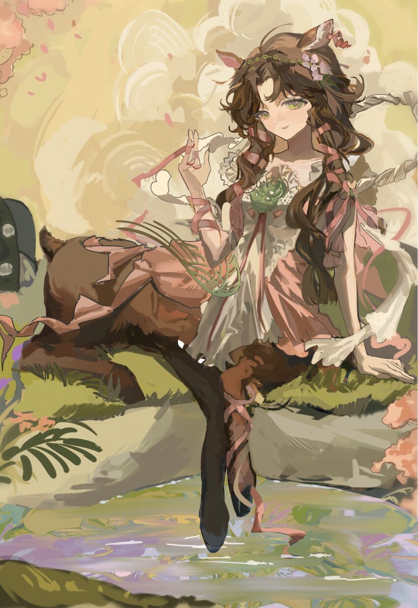 1girl, animal_ears, arm_support, brown_hair, centaur, deer_ears, deer_girl, dress, flower, full_body, grass, green_eyes, hair_flower, hair_ornament, hair_ribbon, hand_up, highres, jessica_(reverse:1999), jessica_(the_sound_of_paradise)_(reverse:1999), long_hair, official_alternate_costume, on_ground, pink_dress, pink_flower, pink_ribbon, reverse:1999, ribbon, sitting, solo, taur, water, y235604, yellow_background