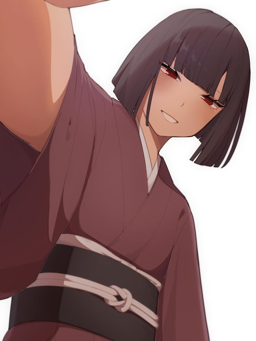 1girl, black_hair, blush, bob_cut, flat_chest, headpat, heiya_desu, highres, japanese_clothes, kimono, limbus_company, long_sleeves, looking_at_viewer, obi, obiage, obijime, open_mouth, pov, project_moon, red_eyes, red_kimono, ryoshu_(project_moon), sash, short_hair, simple_background, smile, solo, white_background, wide_sleeves