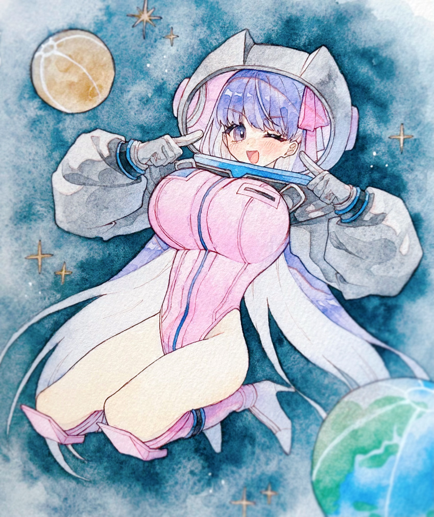 1girl, ;d, absurdres, bb_(fate), bb_cosmo_(fate), boots, breasts, earth_(planet), fate/grand_order, fate_(series), full_body, gloves, grey_gloves, grey_sleeves, hair_ribbon, helmet, high_heel_boots, high_heels, highleg, highleg_leotard, highres, huge_breasts, index_fingers_raised, knee_boots, leotard, long_hair, long_sleeves, looking_at_viewer, one_eye_closed, open_mouth, painting_(medium), pink_boots, pink_leotard, pink_ribbon, planet, puffy_long_sleeves, puffy_sleeves, purple_eyes, purple_hair, ribbon, shrug_(clothing), smile, solo, space, space_helmet, star_(sky), traditional_media, utsu_(utu_xx), very_long_hair, watercolor_(medium), zipper