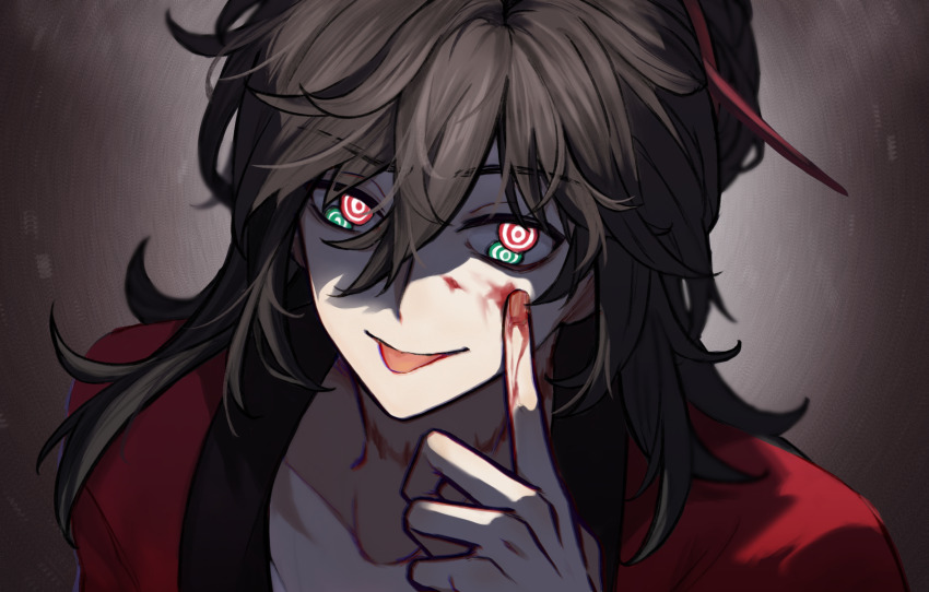 1boy, :p, akanbe, black_hair, blood, blood_on_face, blood_on_hands, brown_hair