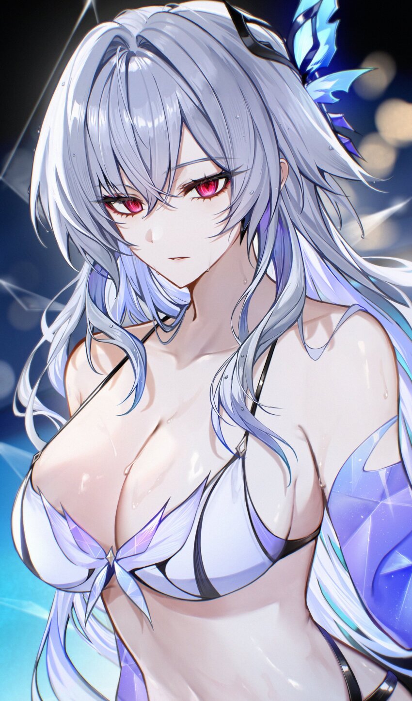 1girl, absurdres, bare_shoulders, breasts, cleavage, commentary, genshin_impact, hair_ornament, highres, large_breasts, long_hair, looking_at_viewer, ninshi, parted_lips, red_eyes, skirk_(genshin_impact), solo, stomach, sweat, untranslatable_commentary, upper_body, very_long_hair, white_hair