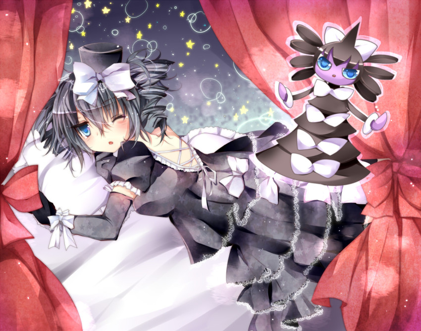 1girl, bad_id, black_gloves, black_hair, blue_eyes, bow, gen_5_pokemon, gloves