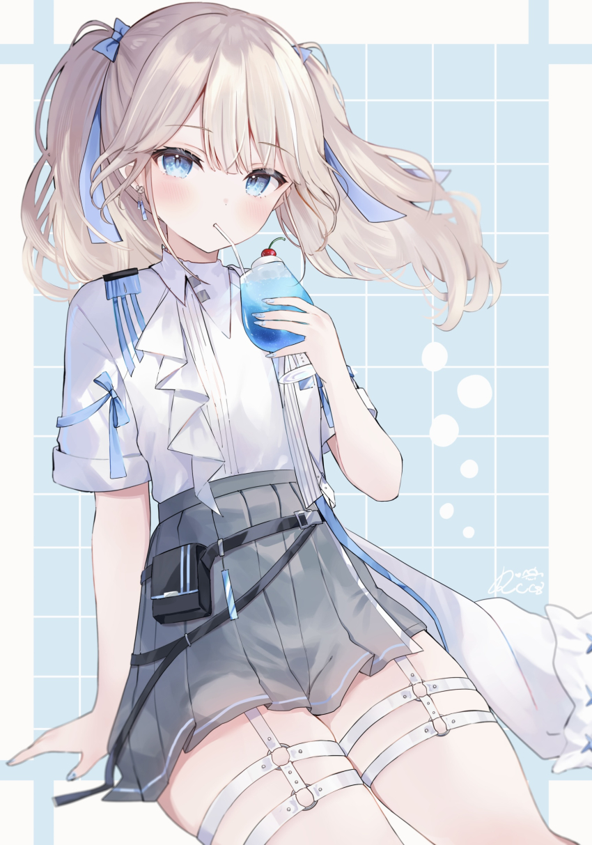 1girl, absurdres, belt, belt_pouch, black_belt, blonde_hair, blue_bow, blue_eyes