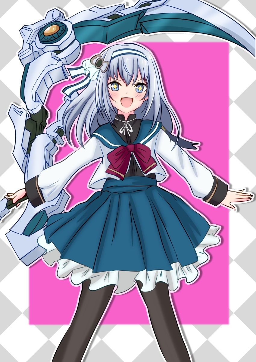 +_+, 1girl, :d, absurdres, argyle_border, assault_lily, black_pantyhose, black_shirt