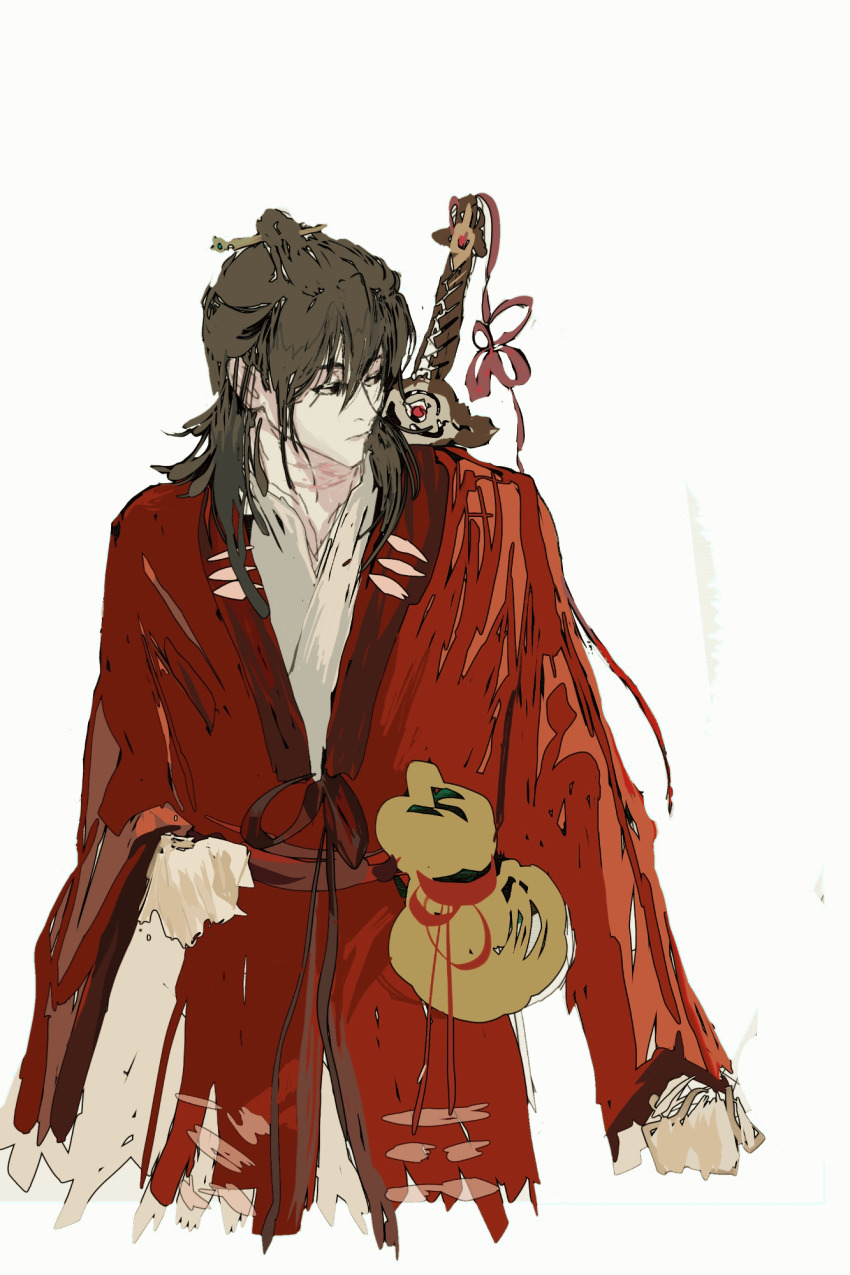 1boy, black_eyes, black_hair, blood, brown_hair, chinese_clothes, chinese_commentary, closed_mouth