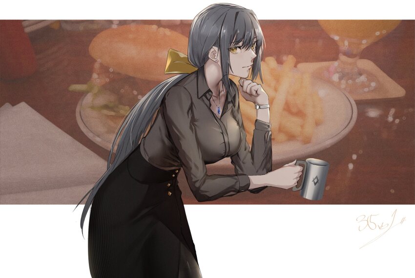 1girl, 35oku_vs, artist_name, black_pantyhose, black_skirt, black_survival, bow, breasts, closed_mouth, collarbone, commentary_request, cup, dr._nadja, eternal_return:_black_survival, feet_out_of_frame, food-themed_background, grey_hair, grey_shirt, hair_bow, hand_on_own_chin, highres, holding, holding_cup, jewelry, long_hair, long_skirt, long_sleeves, looking_at_viewer, medium_breasts, necklace, pantyhose, shirt, sidelocks, skirt, solo, standing, watch, wristwatch, yellow_bow, yellow_eyes