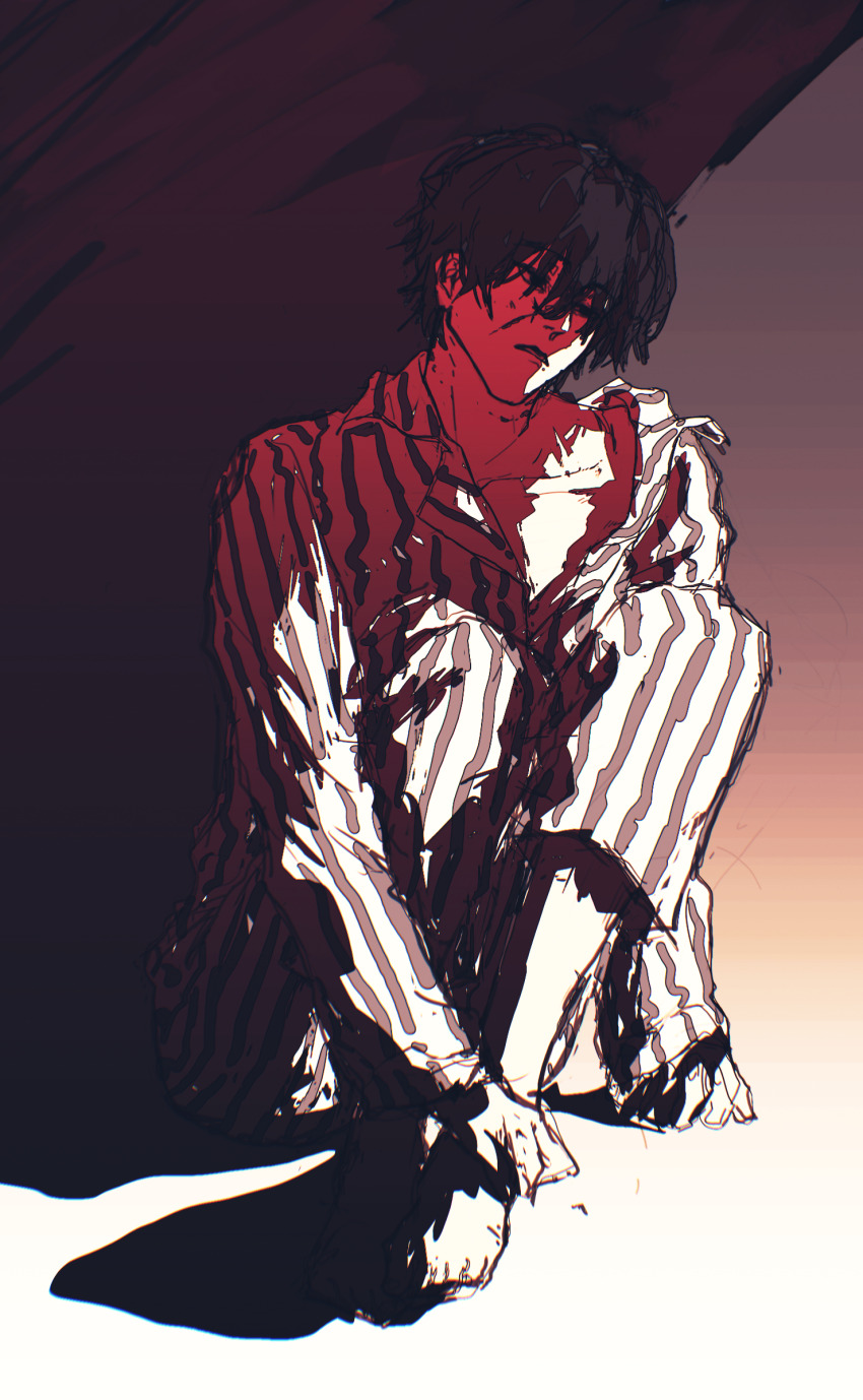 1boy, barefoot, black_hair, chinese_commentary, collarbone, dao_gui_yi_xian, gradient_background, hair_between_eyes