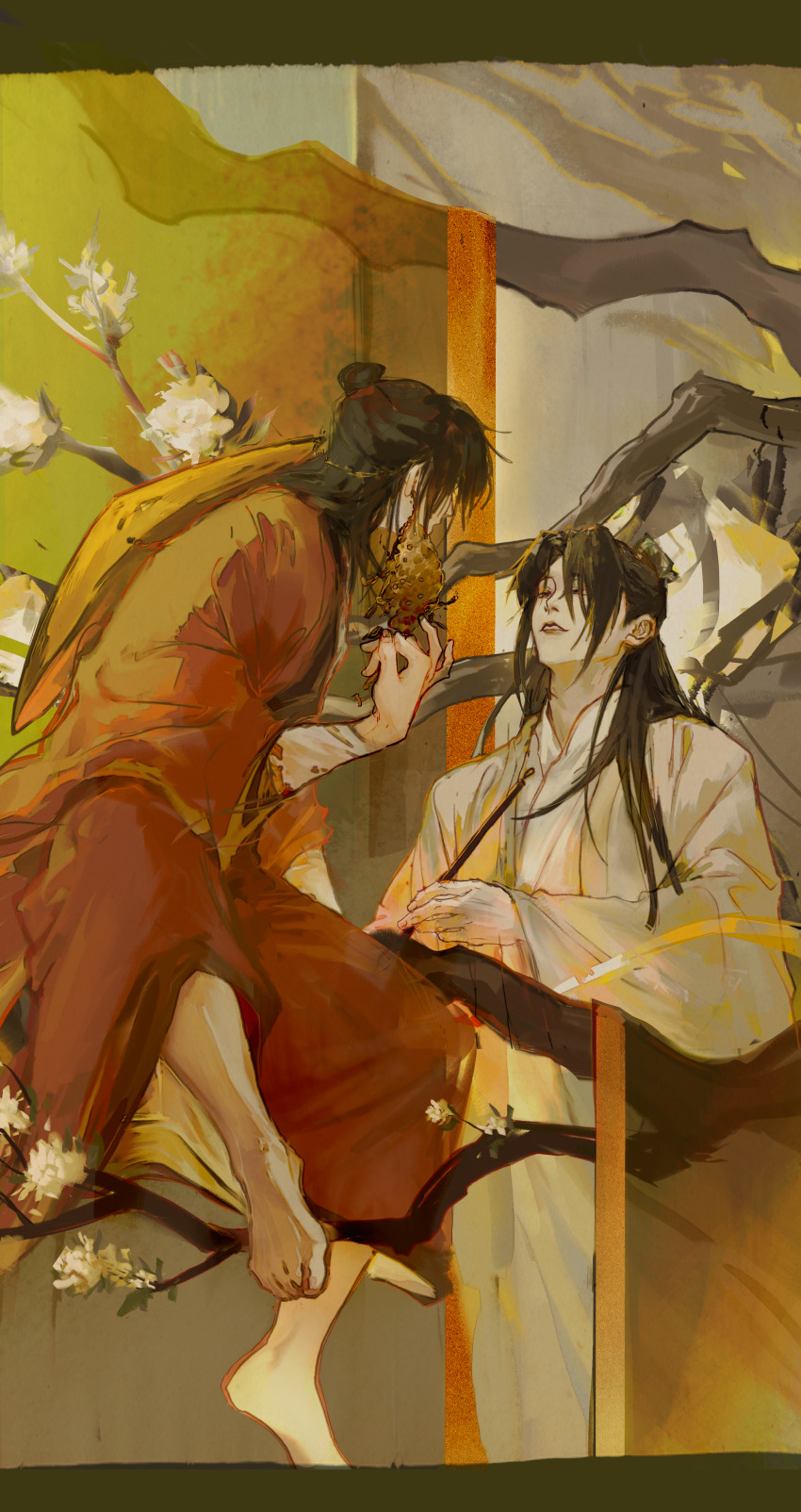 2boys, absurdres, bandaged_arm, bandages, barefoot, black_hair, blood, bloody_bandages, branch, calligraphy_brush, chinese_clothes, chinese_commentary, coat, coin_mask, curtains, dao_gui_yi_xian, flower, hair_bun, half_updo, hanfu, highres, holding, holding_calligraphy_brush, holding_mask, holding_paintbrush, in_tree, jewelry, letterboxed, li_huowang, long_hair, long_sleeves, looking_at_another, male_focus, mask, mouth_veil, multiple_boys, muyuyouyang, paintbrush, painterly, parted_lips, red_coat, robe, single_hair_bun, sitting, sitting_in_tree, tree, unworn_mask, veil, white_coat, white_flower, white_hanfu, wide_sleeves, yaoi, zhuge_yuan