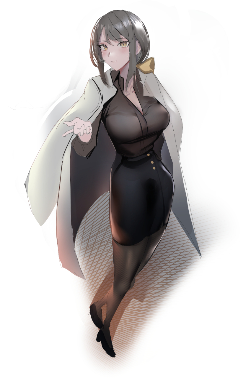 1girl, 35oku_vs, arm_behind_back, artist_name, black_pantyhose, black_skirt, black_survival, blush