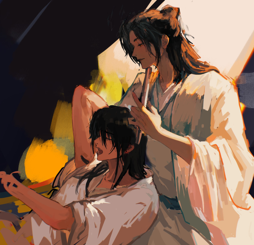 2boys, absurdres, alternate_costume, arm_up, black_hair, brushing_hair, chinese_clothes, chinese_commentary, closed_eyes, closed_mouth, coat, dao_gui_yi_xian, folded_fan, folding_fan, from_side, hair_bun, hair_down, half_updo, hand_fan, hand_up, hanfu, highres, holding, holding_fan, li_huowang, long_hair, long_sleeves, looking_at_another, looking_down, male_focus, multiple_boys, muyuyouyang, open_mouth, painterly, paper_fan, profile, robe, single_hair_bun, sitting, smile, upper_body, white_coat, white_hanfu, white_robe, wide_sleeves, yaoi, zhuge_yuan