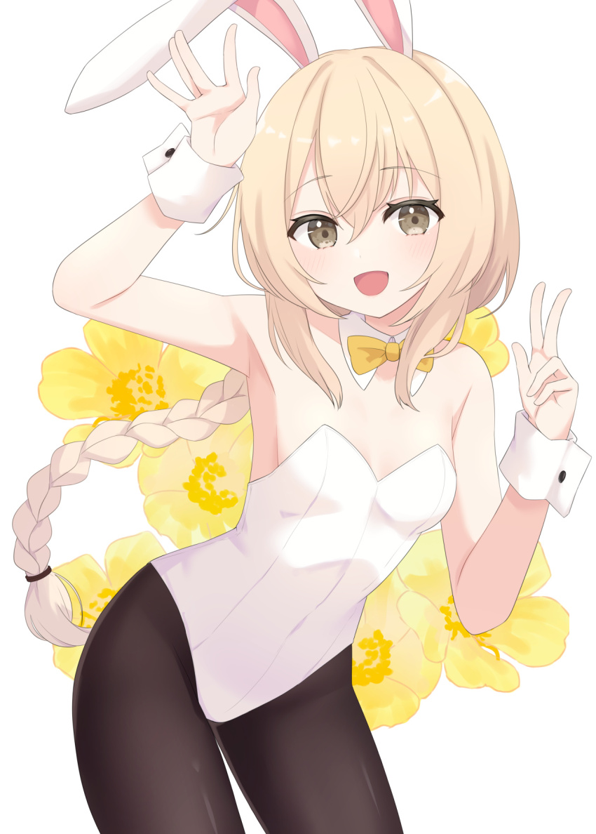 1girl, animal_ears, arm_up, black_pantyhose, blonde_hair, bow, bowtie, braid