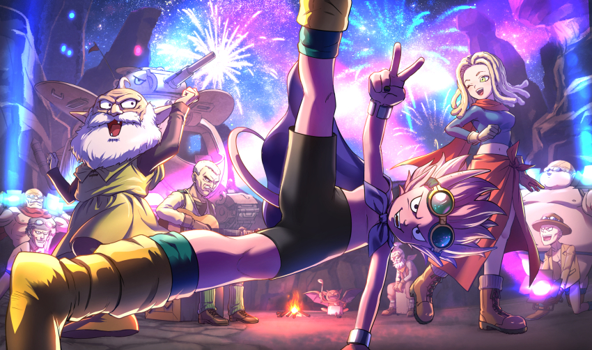 1girl, 6+boys, anne_(sand_land), bat_wings, beard, beelzebub_(sand_land), black_eyes, black_nails, black_shirt, black_shoes, black_shorts, blazer, blonde_hair, blue_shirt, boots, boriroba, bracelet, breakdance, brothers, brown_boots, brown_hat, cape, colored_skin, commentary_request, dancing, demon_boy, dreadlocks, facial_hair, fangs, fat, fat_man, father_and_child, father_and_son, fire, fireworks, floating_hair, goggles, goggles_on_head, goggles_on_headwear, green_eyes, green_socks, green_tunic, guitar, hat, highres, holding, holding_guitar, holding_instrument, horns, instrument, jacket, jewelry, lango_(sand_land), leg_up, long_hair, looking_at_viewer, looking_back, looking_to_the_side, military_vehicle, motor_vehicle, multiple_boys, music, mustache, navel, old, old_man, one_eye_closed, open_mouth, parent_and_child, pink_hair, pink_horns, pink_skin, pink_tail, playing_instrument, pointy_ears, purple_cape, rao_(sand_land), red_sarong, sand_land, sarong, scene_reference, shirt, shoes, short_hair, shorts, siblings, silver_bracelet, smile, socks, sweater, swim_cap, swimmers_guppy, swimmers_papa, swimmers_pike, swimmers_shark, tank, thief_(sand_land), topless_male, tunic, uncle_and_niece, v, white_facial_hair, white_hair, wings, yellow_boots, yellow_jacket, yellow_sweater