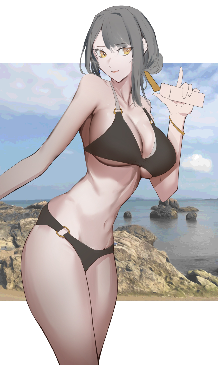 1girl, 35oku_vs, absurdres, arm_out_of_frame, bare_shoulders, bikini, black_bikini, black_survival, blue_sky, border, bracelet, breasts, cleavage, closed_mouth, collarbone, commentary_request, dr._nadja, earrings, eternal_return:_black_survival, feet_out_of_frame, grey_hair, hair_bun, hair_ornament, highres, holding, jewelry, large_breasts, lips, long_hair, looking_at_viewer, navel, ocean, rock, sidelocks, sky, smile, solo, standing, swimsuit, white_border, yellow_eyes