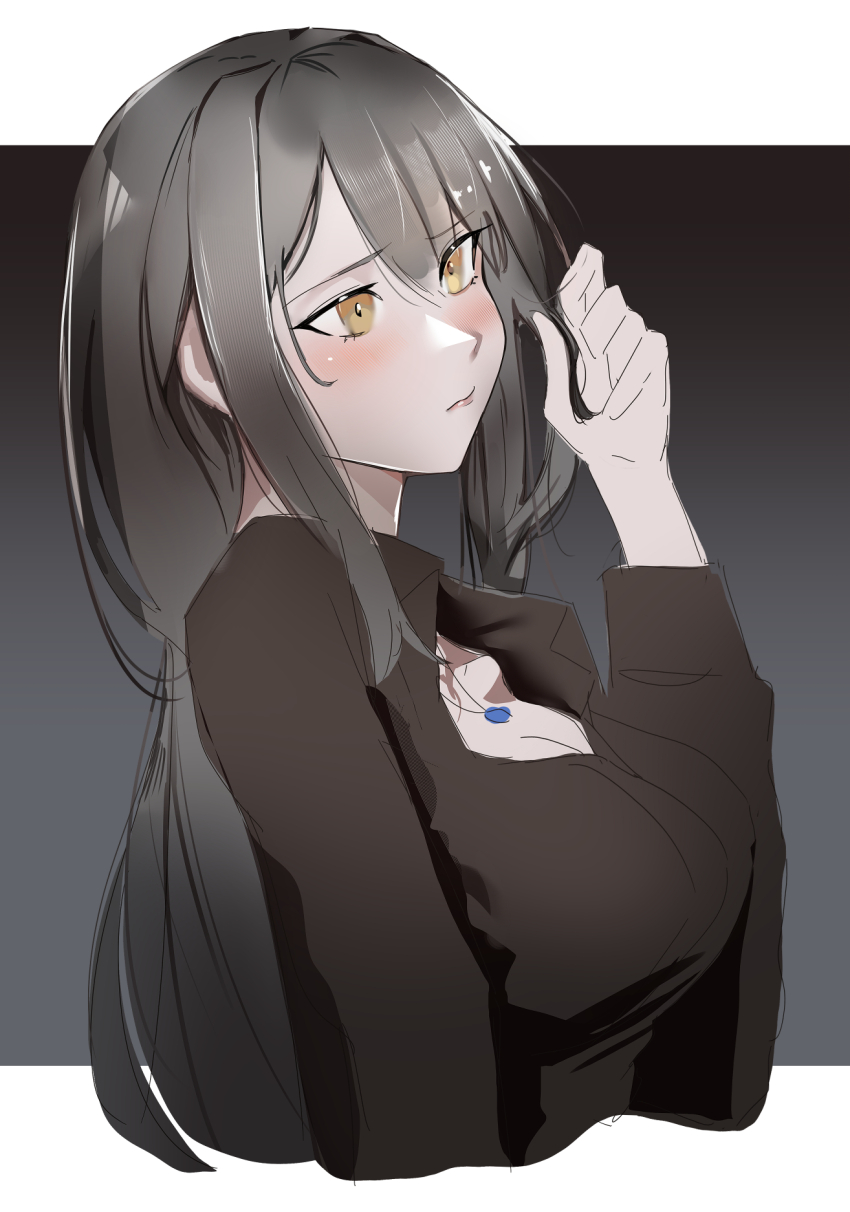 1girl, 35oku_vs, adjusting_hair, black_survival, blush, breasts, brown_shirt, cleavage