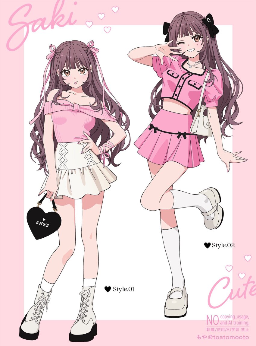 ankle_boots, bag, black_bow, blush, boots, bow, brown_hair, fashion